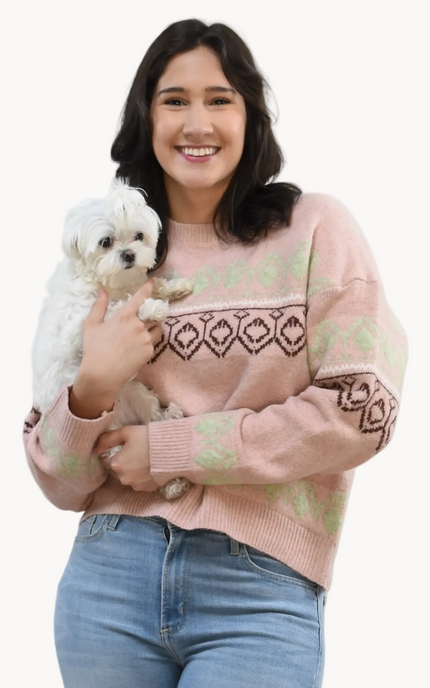 Mosaic Knit Pullover on soft linen background, featuring a geometric knit pattern and relaxed silhouette.