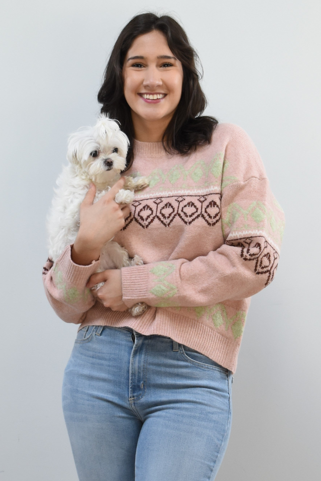 Mosaic Knit Pullover on soft linen background, featuring a geometric knit pattern and relaxed silhouette.