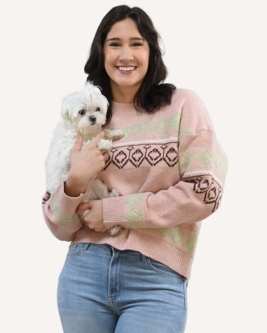 Mosaic Knit Pullover on soft linen background, featuring a geometric knit pattern and relaxed silhouette.