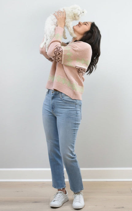 Mosaic Knit Pullover on soft linen background, featuring a geometric knit pattern and relaxed silhouette.