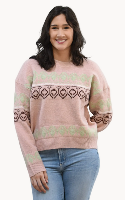 Mosaic Knit Pullover on soft linen background, featuring a geometric knit pattern and relaxed silhouette.