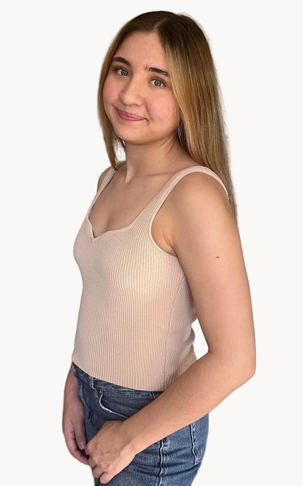 Vertically ribbed sleeveless tank top with sweetheart-style notch neckline