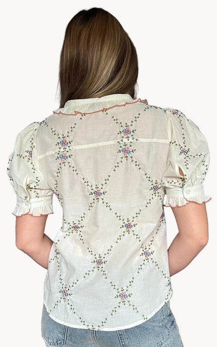 Back view of Noemi blouse ruffle collar with contrast edging and floral embroidered detail