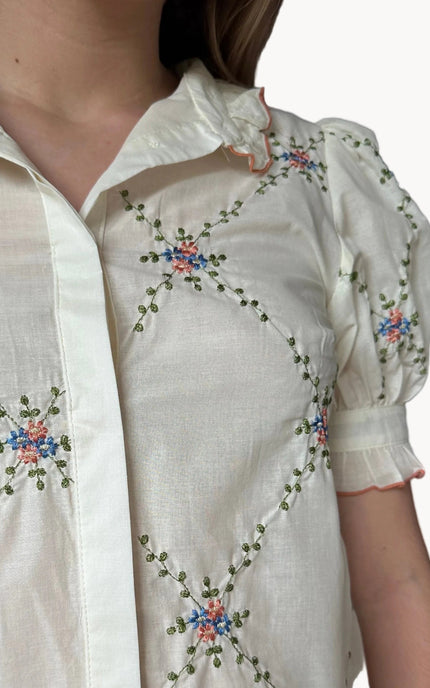 Detail view of the Noemi blouse short puff sleeves with soft gathering