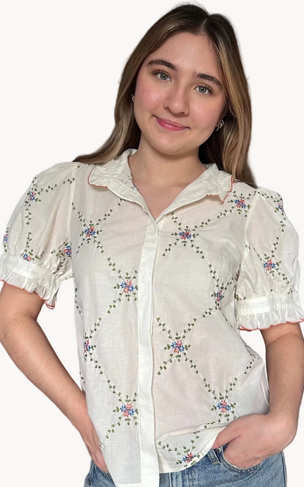 Noemi blouse ruffle collar with contrast edging and floral embroidered detail