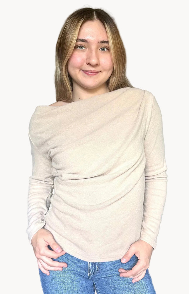 Off shoulder knit top with pleated front and asymmetrical neckline