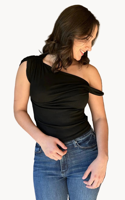 Asymmetrical off-shoulder knit top with twist front and fitted silhouette