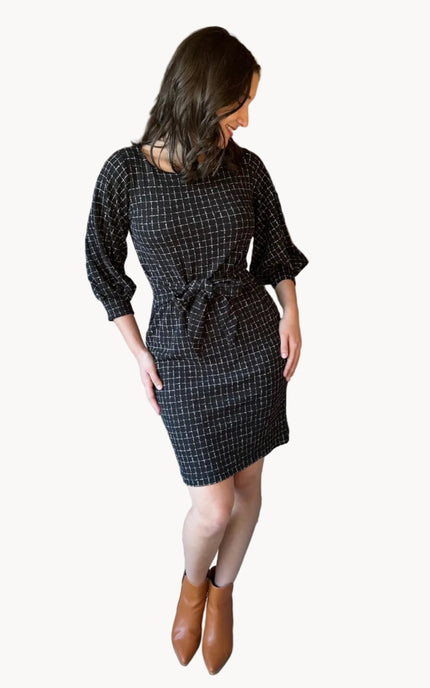 Made in USA plaid knit dress with round neckline, 3/4 sleeves, and removable tie belt