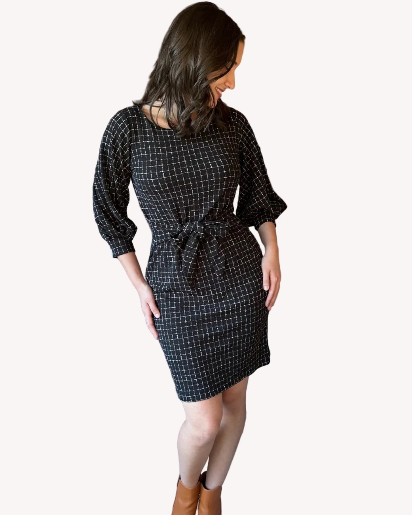 Made in USA plaid knit dress with round neckline, 3/4 sleeves, and removable tie belt