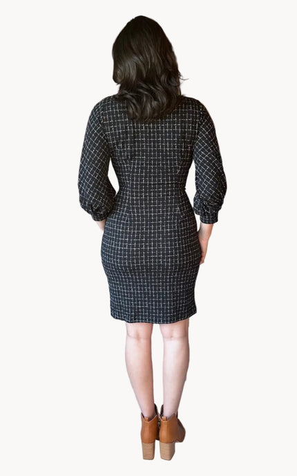 Made in USA plaid knit dress with round neckline, 3/4 sleeves, and removable tie belt