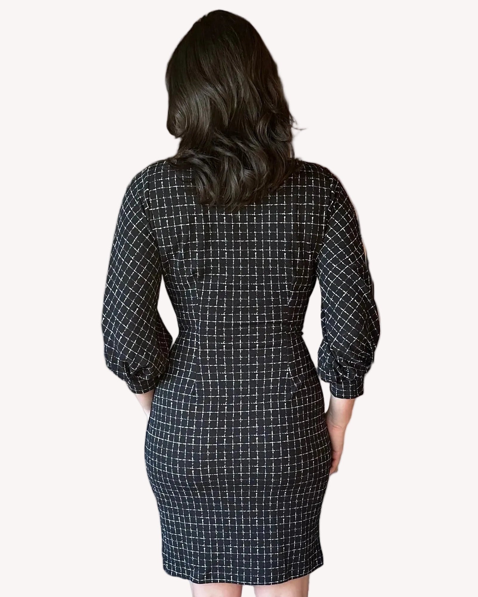 Made in USA plaid knit dress with round neckline, 3/4 sleeves, and removable tie belt