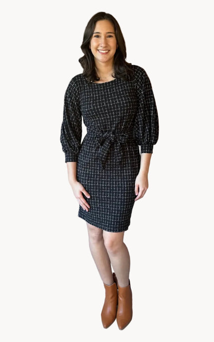 Made in USA plaid knit dress with round neckline, 3/4 sleeves, and removable tie belt