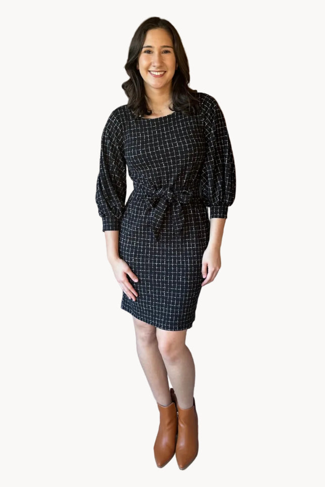 Made in USA plaid knit dress with round neckline, 3/4 sleeves, and removable tie belt