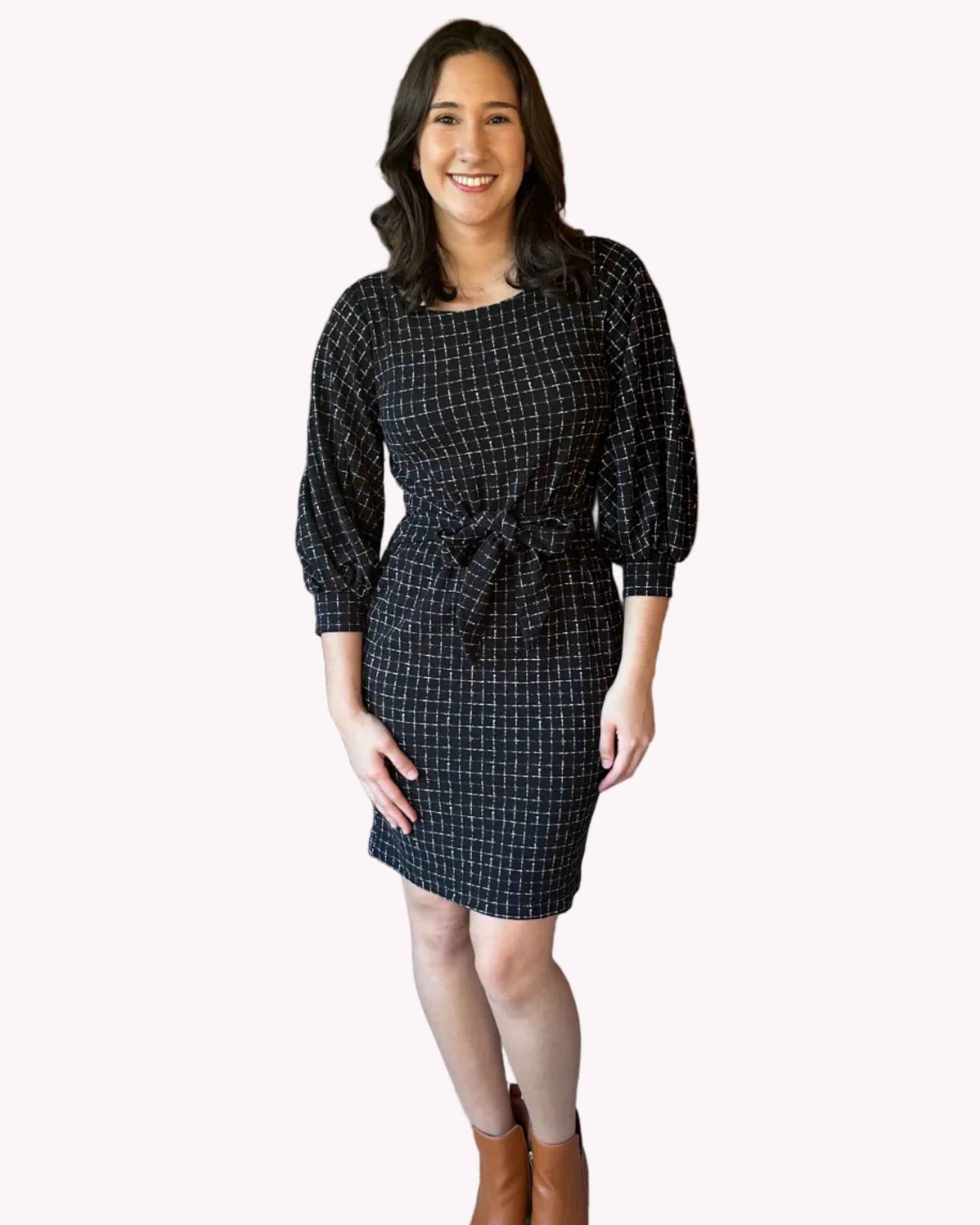 Made in USA plaid knit dress with round neckline, 3/4 sleeves, and removable tie belt