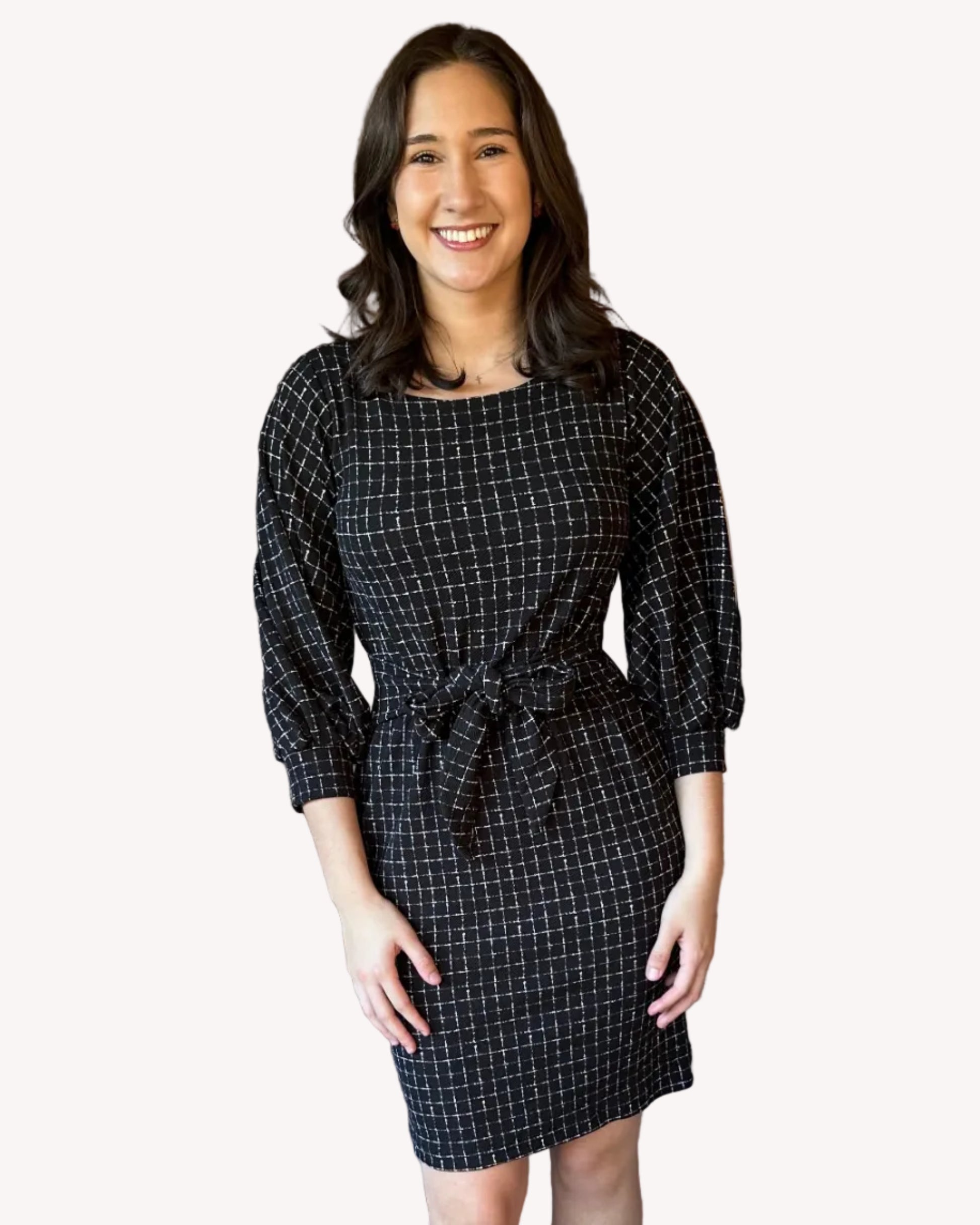 Made in USA plaid knit dress with round neckline, 3/4 sleeves, and removable tie belt
