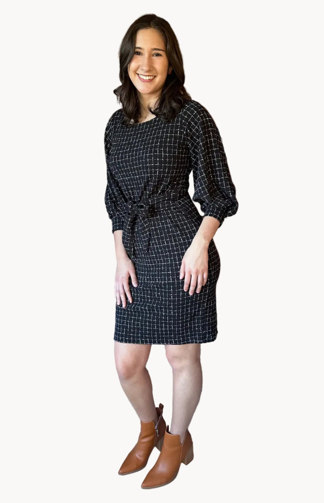 Made in USA plaid knit dress with round neckline, 3/4 sleeves, and removable tie belt