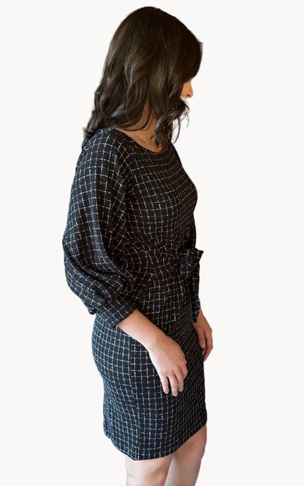 Made in USA plaid knit dress with round neckline, 3/4 sleeves, and removable tie belt