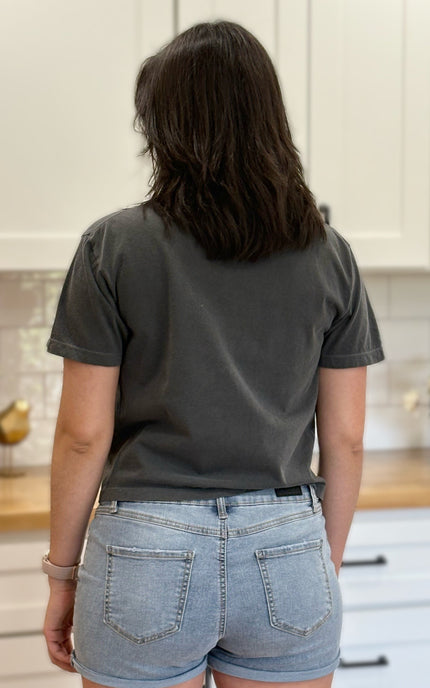 Charcoal gray cropped tee with bold ‘pray.’ text — modern faith graphic tee from Justyna Grace Boutique.