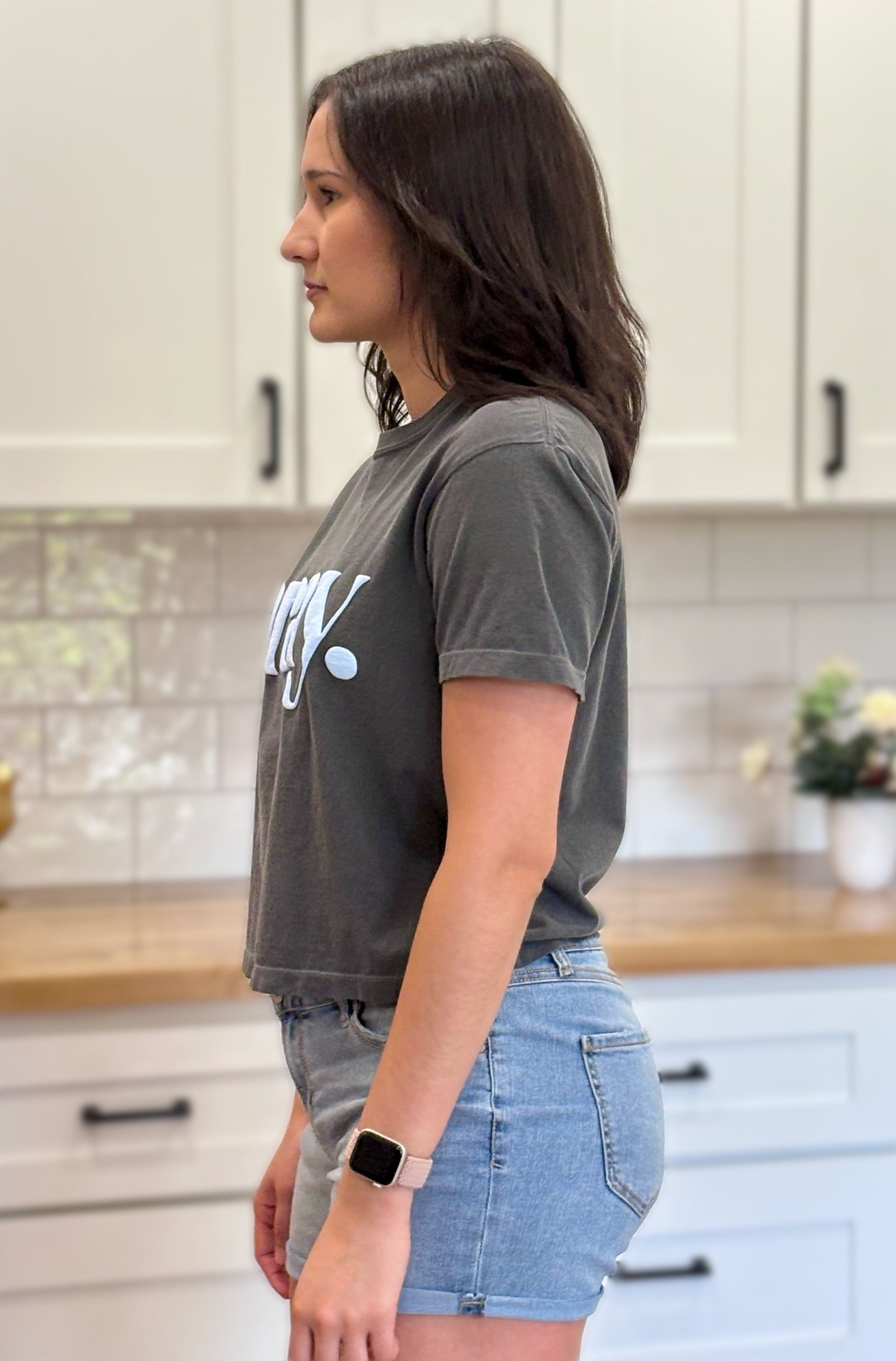 Charcoal gray cropped tee with bold ‘pray.’ text — modern faith graphic tee from Justyna Grace Boutique.