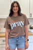 “Pray.” faith graphic tee with soft cotton fabric, textured print, and relaxed fit.