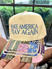 Cream and multicolor patchwork trucker hat with ‘Make America Pray Again’ embroidery — faith-inspired accessory from Justyna Grace Boutique