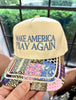 Cream and multicolor patchwork trucker hat with ‘Make America Pray Again’ embroidery — faith-inspired accessory from Justyna Grace Boutique