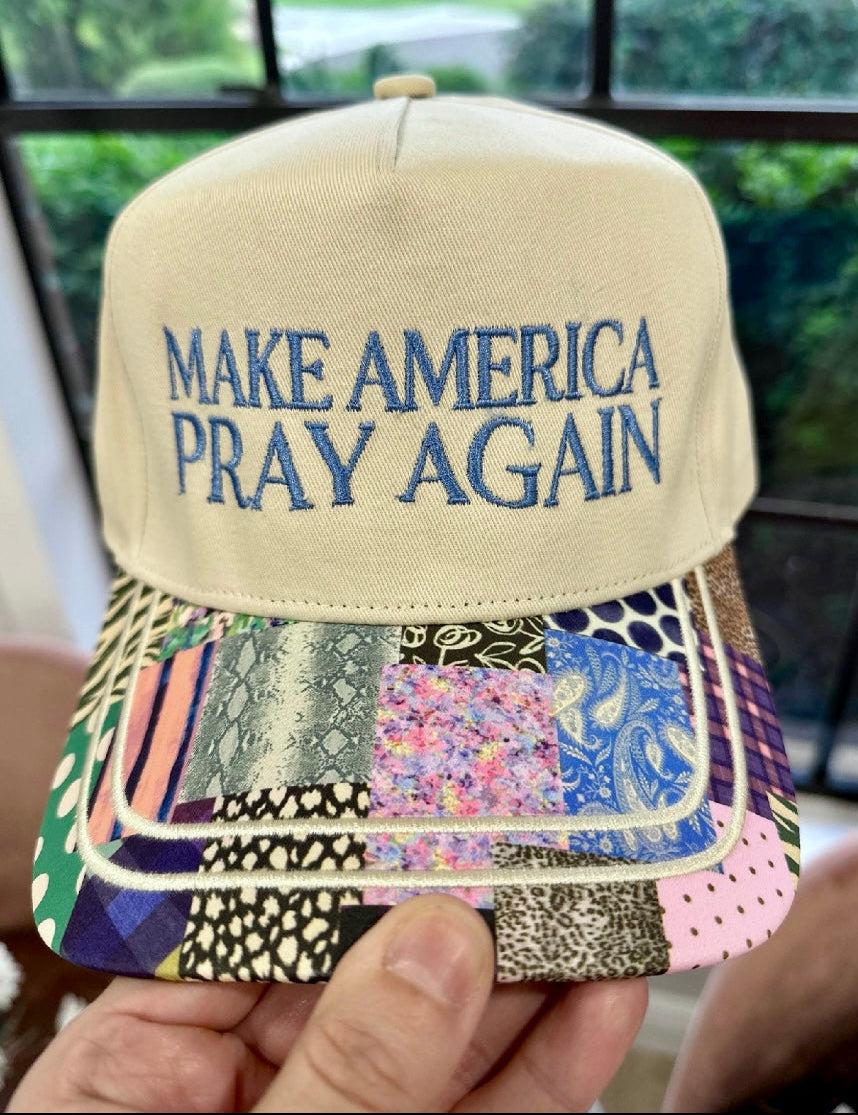 Cream and multicolor patchwork Trucker hat with ‘Make America Pray Again’ embroidery — faith-inspired accessory from Justyna Grace Boutique