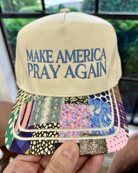 Cream and multicolor patchwork Trucker hat with ‘Make America Pray Again’ embroidery — faith-inspired accessory from Justyna Grace Boutique