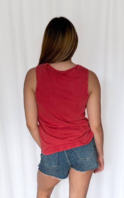 Back view of premium cotton graphic tank top showing garment-dyed finish