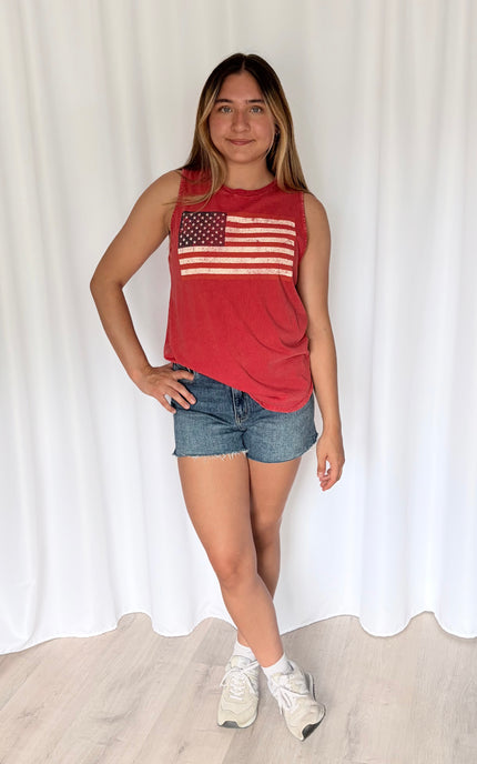 Cotton tank styled for casual weekend wear with denim