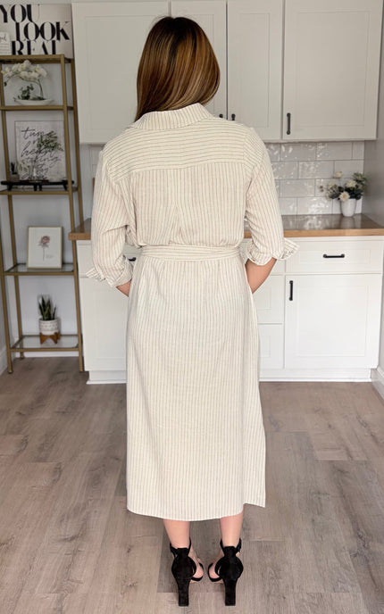 Back view of Quinn pinstripe shirt maxi dress with collar and sash belt