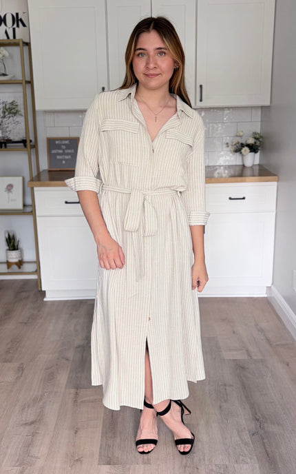 Quinn pinstripe shirt maxi dress with collar and sash belt