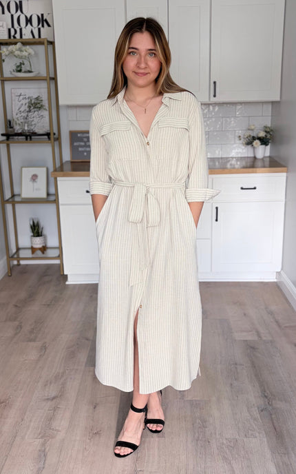 Quinn pinstripe shirt maxi dress with collar and sash belt