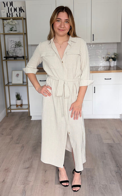 Front view of Quinn pinstripe shirt maxi dress with collar and sash belt