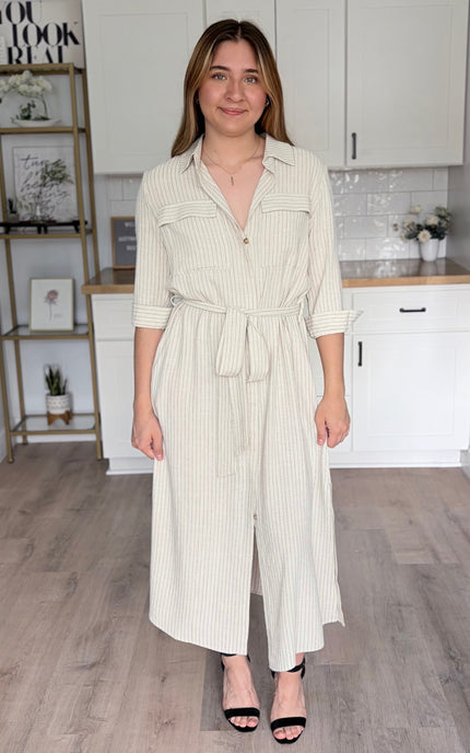 Front view of Quinn pinstripe shirt maxi dress with collar and sash belt