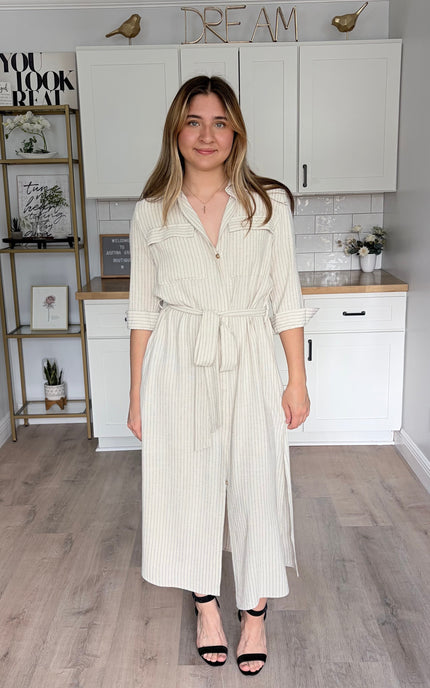 Quinn pinstripe shirt maxi dress with collar and sash belt