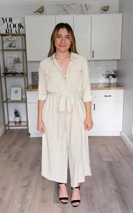 Quinn pinstripe shirt maxi dress with collar and sash belt