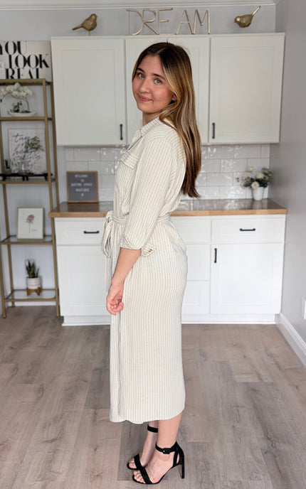 Side view of Quinn pinstripe shirt maxi dress with collar and sash belt
