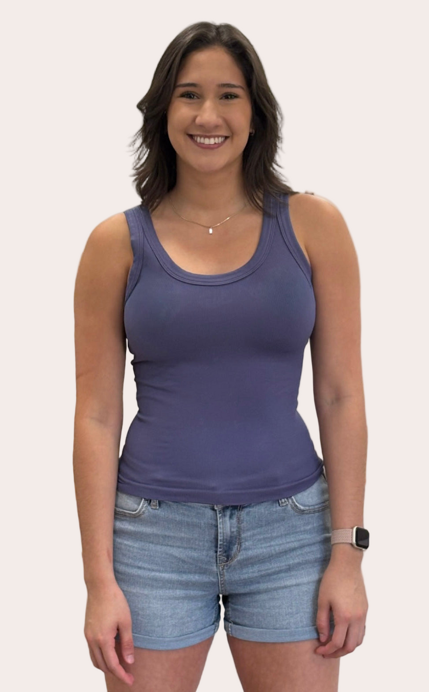 Reversible Ribbed Tank — fitted ribbed knit top with reversible scoop and crew necklines from Justyna Grace Boutique.