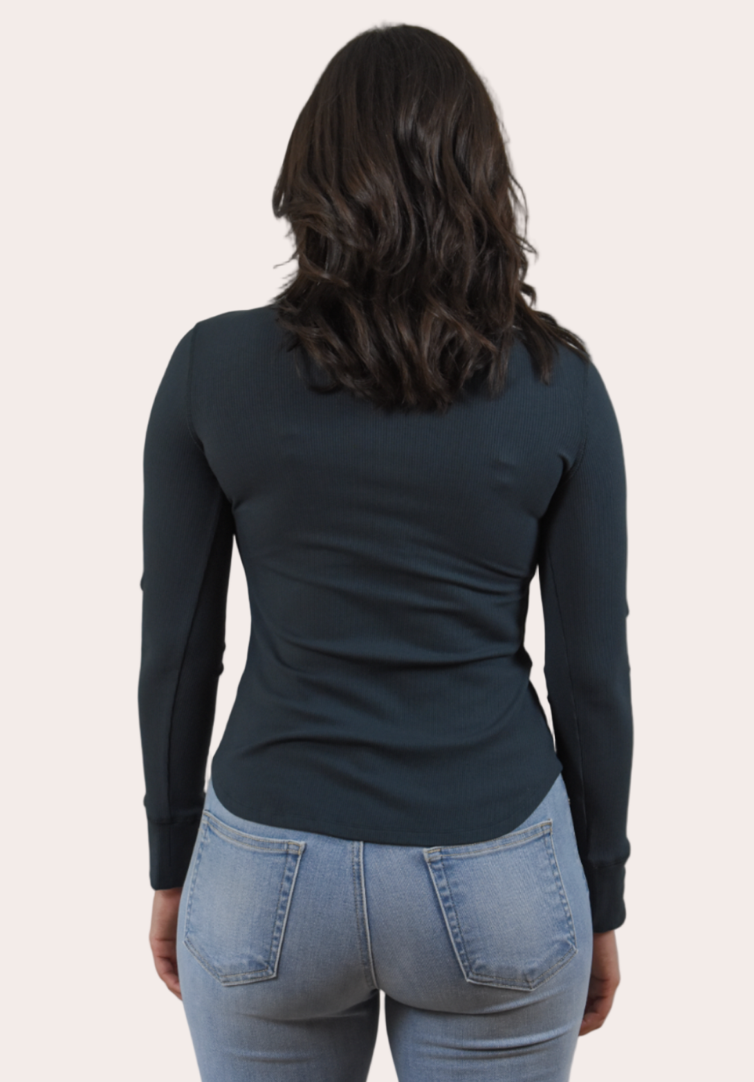 Ribbed Long Sleeve Top — slim-fit cotton blend top with crew neckline and rounded hem from Justyna Grace Boutique.