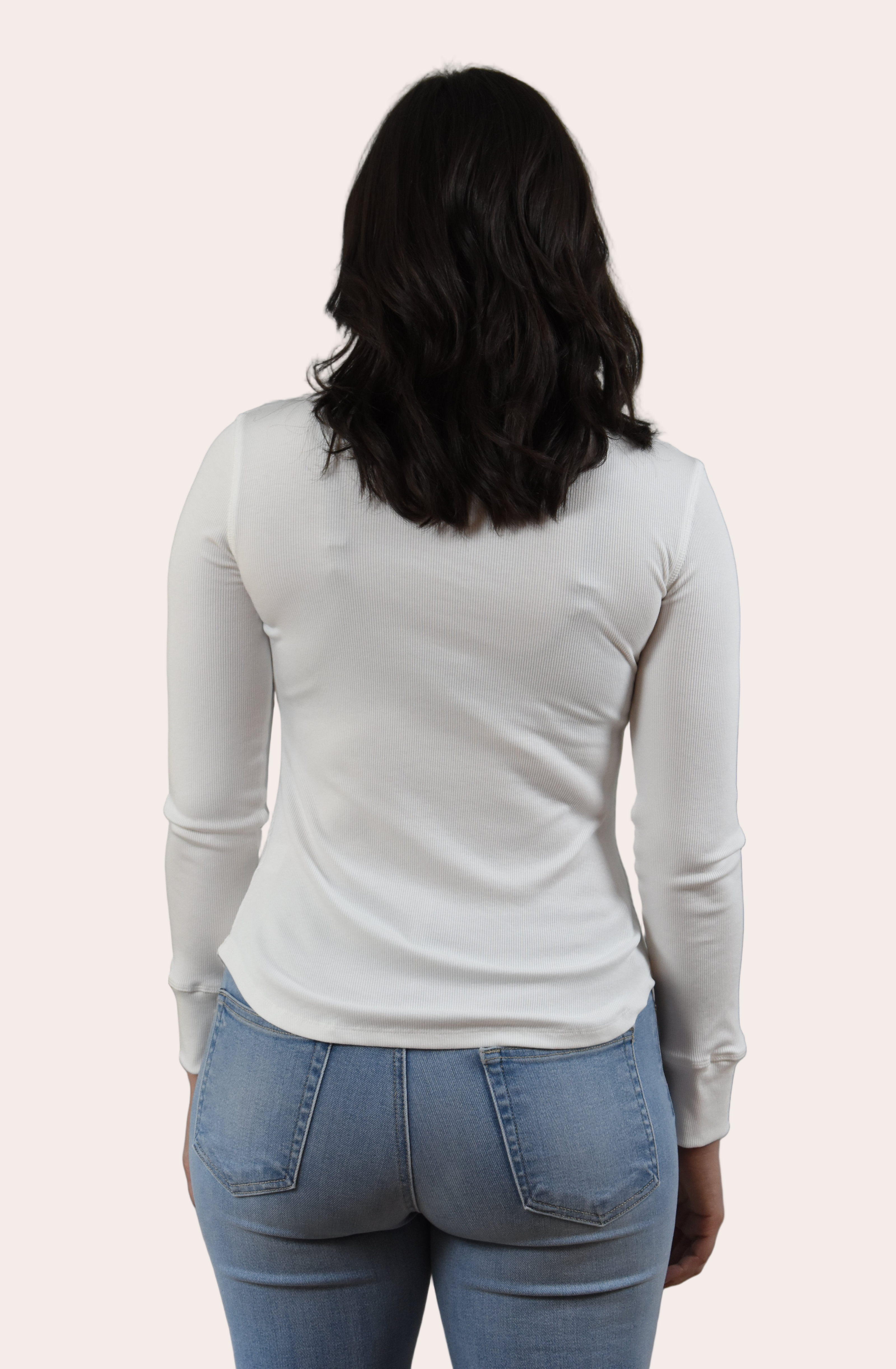 Ribbed Long Sleeve Top — slim-fit cotton blend top with crew neckline and rounded hem from Justyna Grace Boutique.