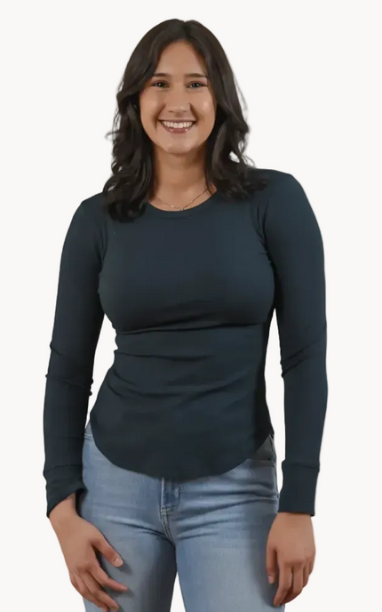 Ribbed Long Sleeve Top — slim-fit cotton blend top with crew neckline and rounded hem from Justyna Grace Boutique.