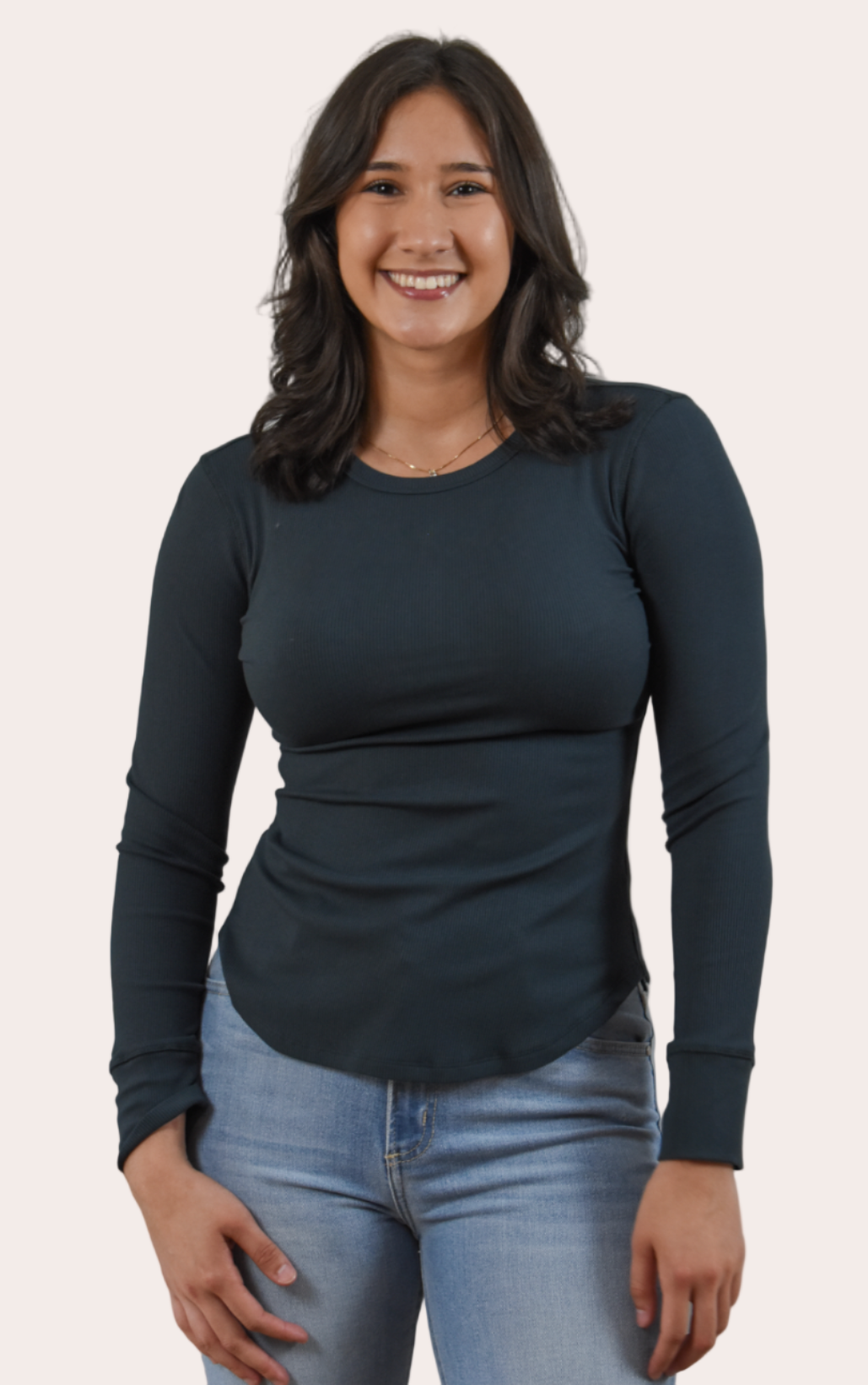 Ribbed Long Sleeve Top — slim-fit cotton blend top with crew neckline and rounded hem from Justyna Grace Boutique.