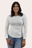 Ribbed Long Sleeve Top — slim-fit cotton blend top with crew neckline and rounded hem from Justyna Grace Boutique.