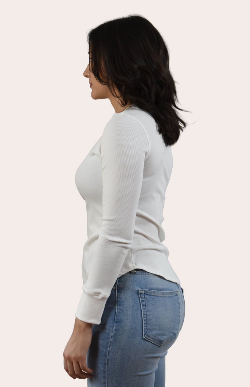 Ribbed Long Sleeve Top — slim-fit cotton blend top with crew neckline and rounded hem from Justyna Grace Boutique.