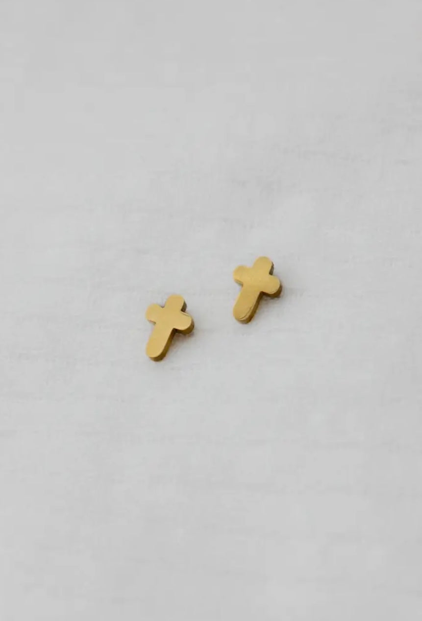 Risen Cross Earrings — 14K gold-plated, ethically handcrafted by survivors of human trafficking, available at Justyna Grace Boutique.