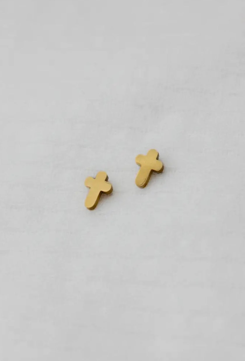 Risen Cross Earrings — 14K gold-plated, ethically handcrafted by survivors of human trafficking, available at Justyna Grace Boutique.