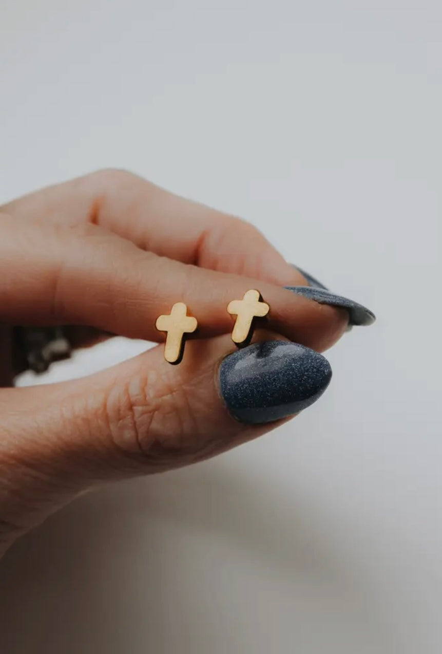 Risen Cross Earrings — 14K gold-plated, ethically handcrafted by survivors of human trafficking, available at Justyna Grace Boutique.