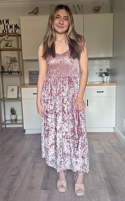 Embroidered velvet midi dress featuring adjustable straps and V-neckline