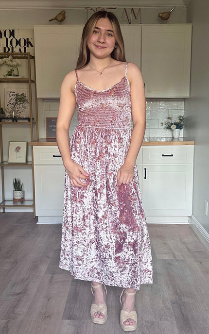 Embroidered velvet midi dress featuring adjustable straps and V-neckline